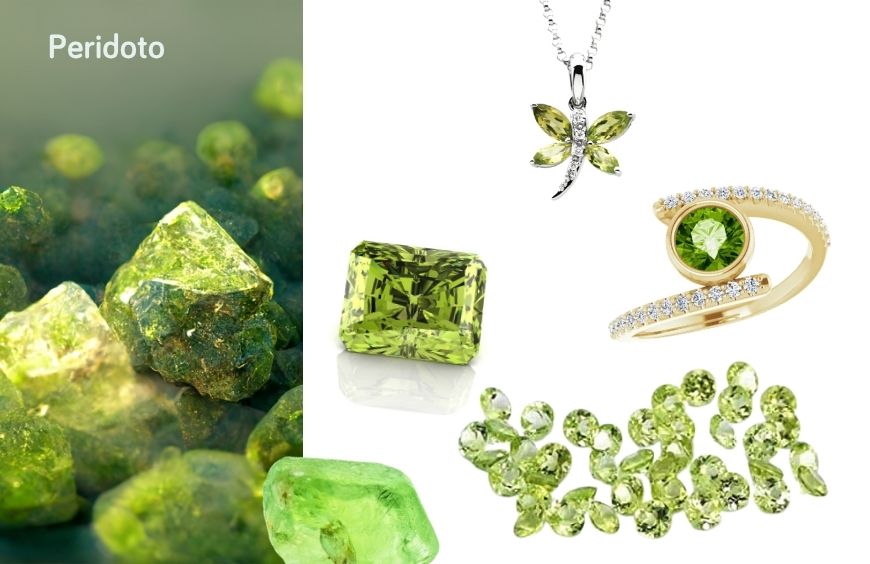 Collage visual de peridotos para la guía de piedras de nacimiento de Joyería Marga Mira. El panel izquierdo presenta una macrofotografía de cristales de peridoto en bruto, con el texto "Peridoto" superpuesto en blanco. El panel derecho, sobre fondo blanco, exhibe una selección de joyería de peridoto: un collar con colgante de libélula, un anillo de oro con un peridoto central y diamantes en el brazo, una gran gema rectangular tallada y un montón de peridotos facetados sueltos de varios tamaños.